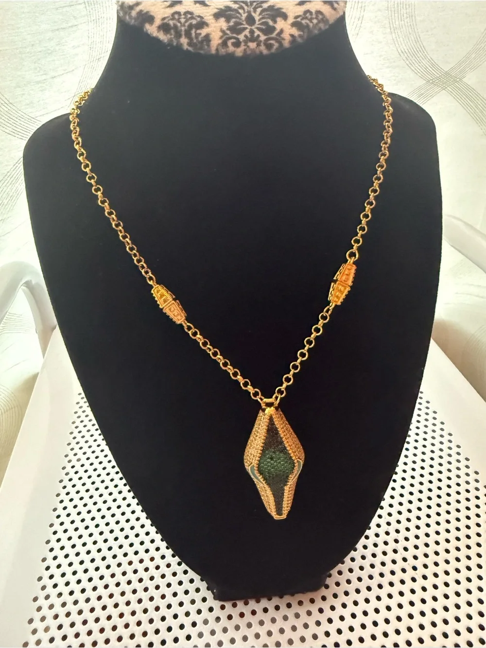 Gold-Tone Pendant Necklace with Green Accent by